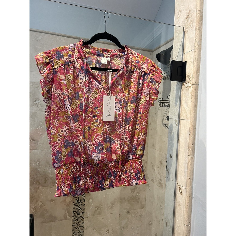 Joie Pink Floral Smocked Hem Blouse Ruffle Sleeveless Sheer Top Large NEW